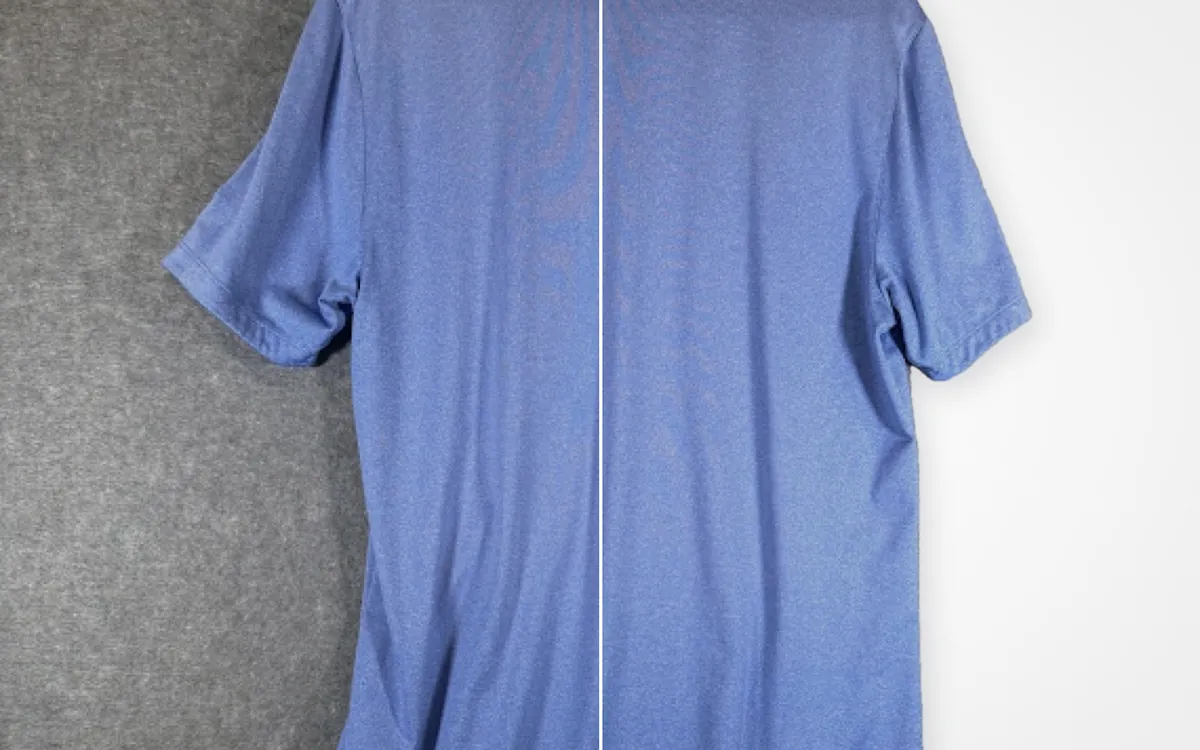 Before and after: a polo photographed on carpet, then cleaned onto a studio background